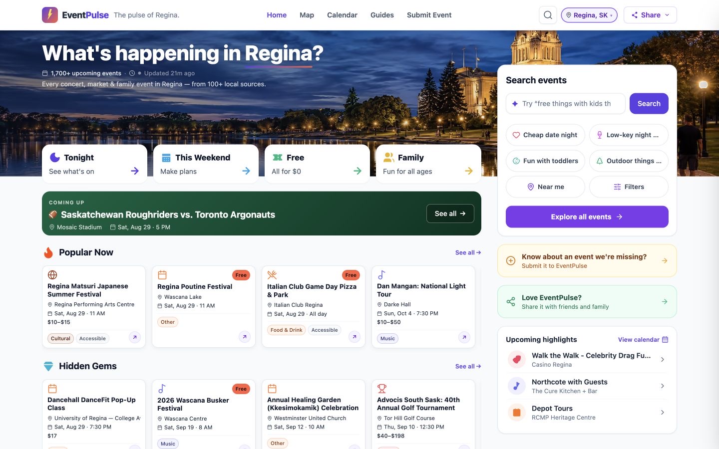 The live EventPulse event discovery experience for Regina